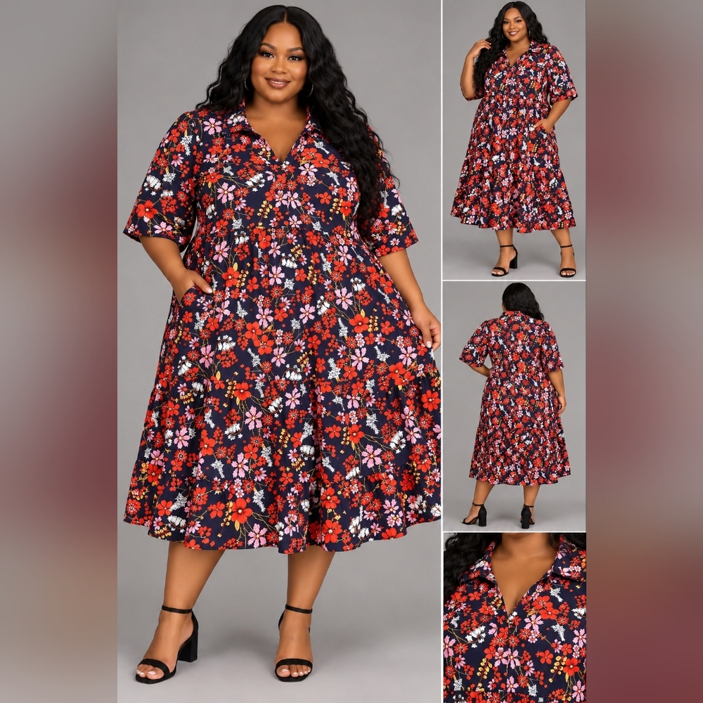 NWT BloomChic Navy Midi Dress with Red and Pink Floral Print